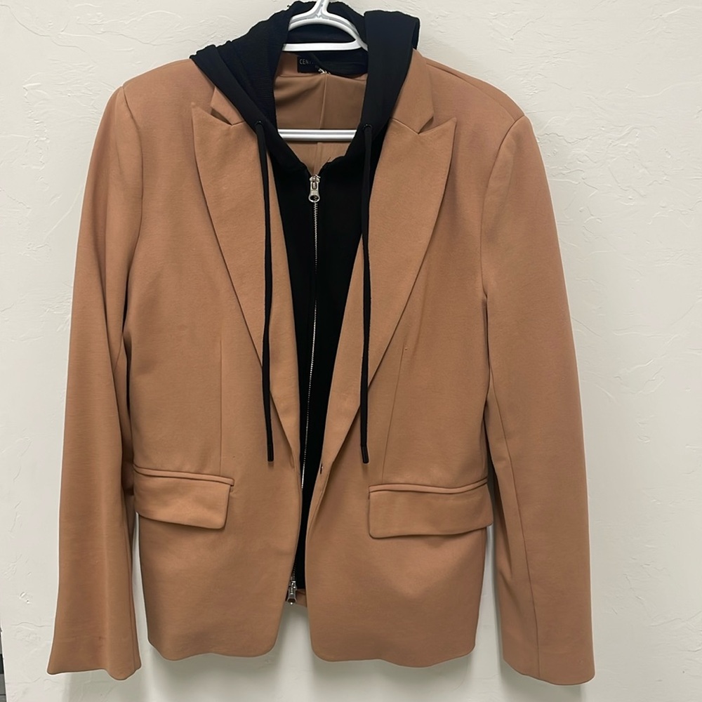 Central Park West Tan Blazer with removable hood and zipper layer